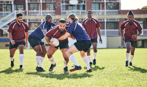 Preview: Rugby, fitness and tackle with a team on a field together for a game or match in preparation of a c
