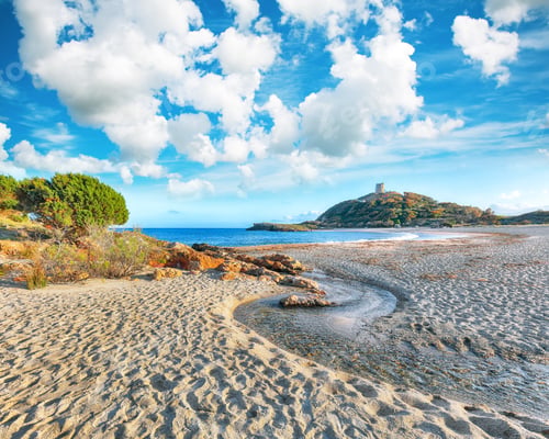 Preview: View of beautiful Chia bay and wonderful beach with Torre di Chia tower.