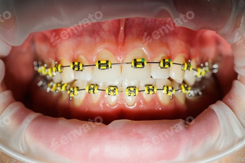 Preview: Extender for teeth. Teeth of a woman with braces at a dentist appointment. Orthodontic