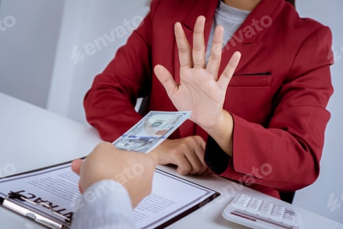 Preview: Business woman are anti and reject Business man filing dirty money, cash for bribery in intercompany