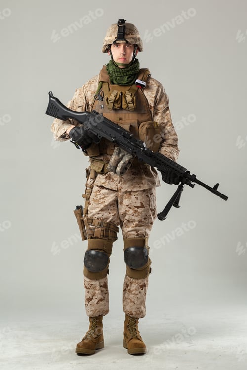 Preview: Soldier stands with rifle wearing military gear in a neutral setting
