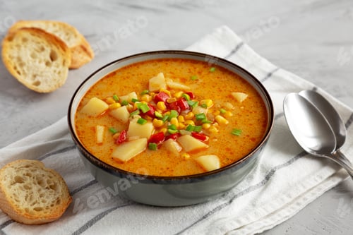 Preview: Homemade Corn Chowder in a Bowl, side view.
