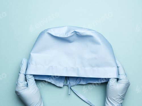Preview: Hand hold blue textile medical cap with ties for doctor