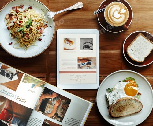Preview: Aerial view of food breakfast on wooden table
