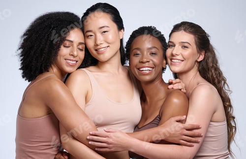 Preview: Skincare, support and diversity of women with a hug for makeup collaboration, cosmetics and beauty