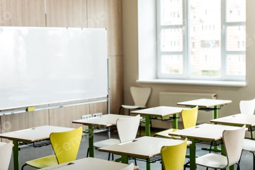 Preview: Classroom with desks and chairs, white board
