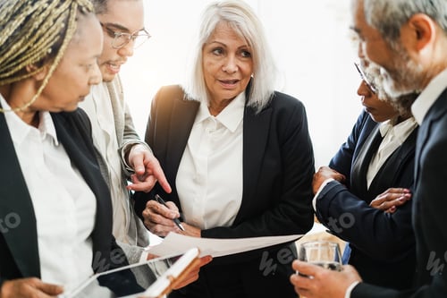 Preview: Multiracial business people working inside bank office - Focus on center senior woman face