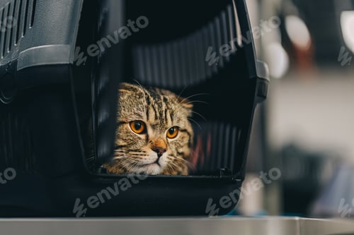 Preview: Cat with big orange eyes in a cage