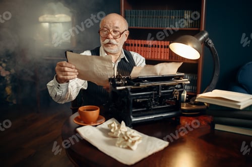 Preview: Elderly writer works on vintage typewriter