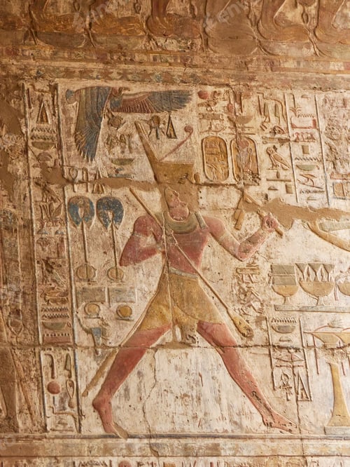 Preview: Hieroglyphic inscriptions and pharaohs drawing on the walls of Karnak temple in Luxor