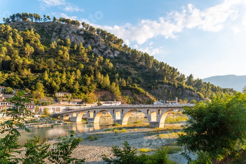 Preview: View of the Gorica Bridge in the historic city of Berat Albania and its river, World Heritage Site