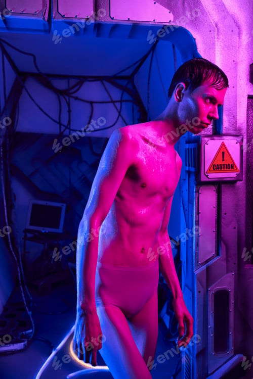 Preview: unknown humanoid alien, cosmic traveler standing in neon light of futuristic innovative laboratory