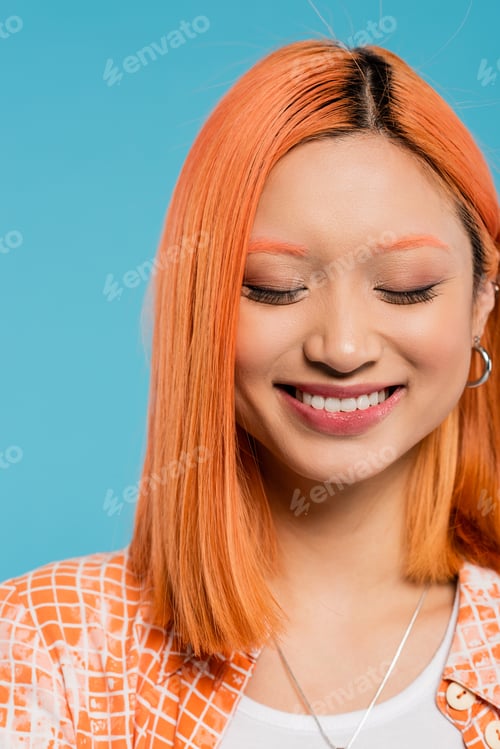 Preview: portrait, cheerful face, young asian woman with short and dyed hair, natural makeup and hoop