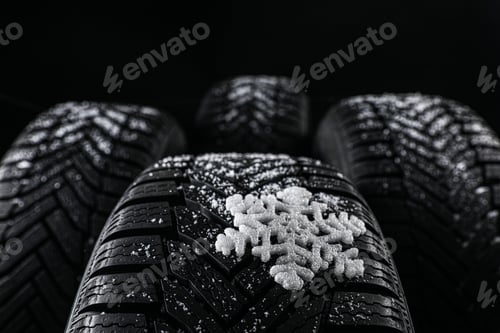Preview: Set of new winter tires on black background, closeup