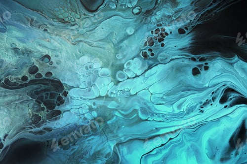 Preview: Fluid Art. Fluorescent blue waves with golden particles on black background. Marble effect texture