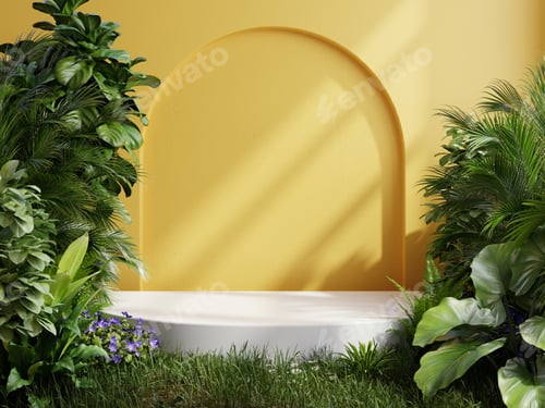 Preview: White podium mock up for product presentation on yellow wall