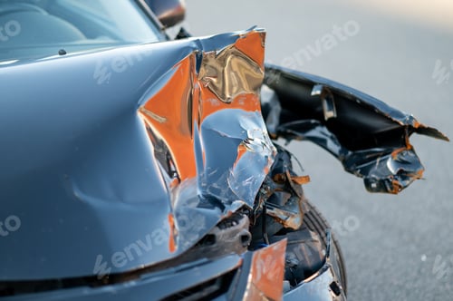 Preview: Detailed close-up of crushed automotive body panel with visible deformation,