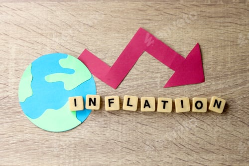 Preview: Red arrow down shape with Inflation words on world globe. Global financial concept.