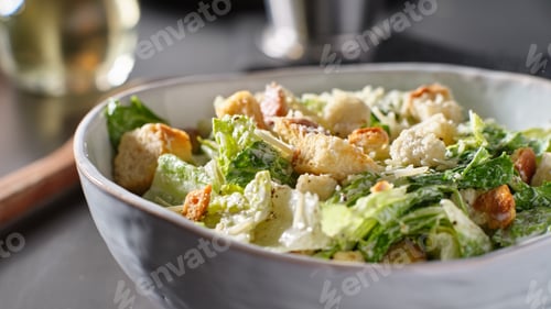 Preview: fresh caesar salad with croutons and parmesan cheese in bowl