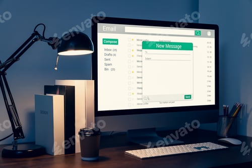 Preview: New email alert on computer, communication connection message to global letters in the workplace.