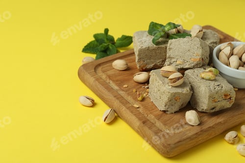 Preview: Concept of tasty food with halva on yellow background