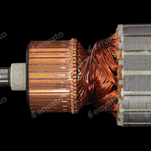 Preview: Rotor or of anchor electric motor closeup, isolated on black background