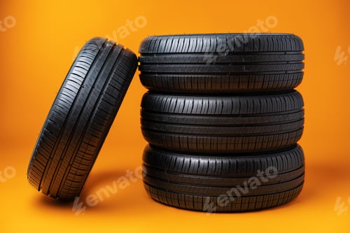 Preview: Car tires isolated on yellow background, close up