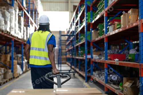 Preview: African American man worker using pallet truck for move cardboard boxes in warehouse factory.