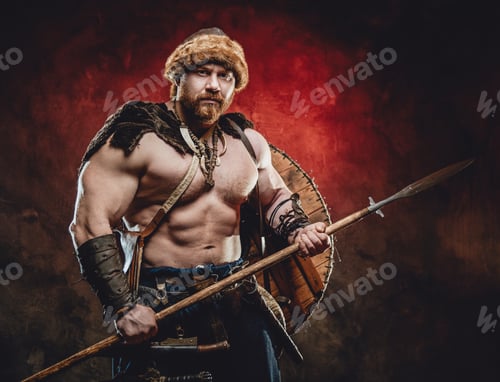 Preview: Handsome northern barbarian with spear in dark red background