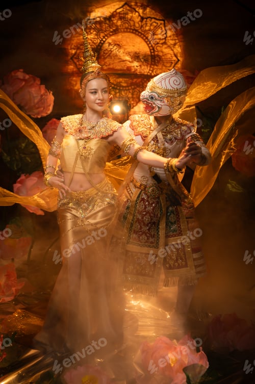 Preview: Traditional Thai dance performance featuring a graceful female dancer and a masked Khon performer