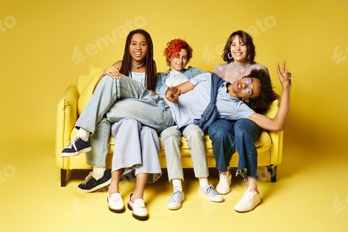 Preview: Cheerful friends relaxing on vibrant yellow couch