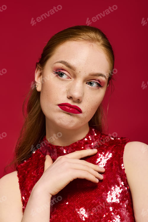 Preview: Young woman with captivating expression in sparkling red attire against vibrant background