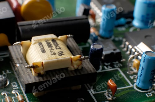 Preview: Close up green modem board with transfotmer