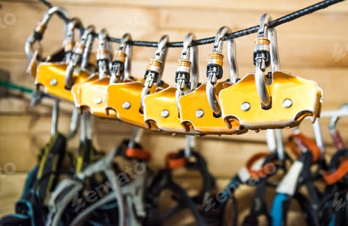 Preview: carabiners for climbers hung on a rope