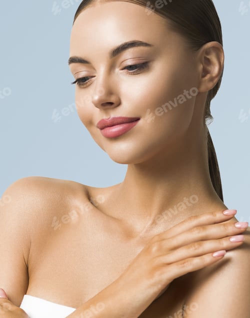 Preview: Beauty woman skin care beautiful female hand touching face cosmetic girl model over blue background