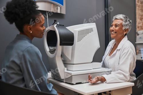 Preview: Eye doctor, happy or black woman consulting for eyesight advice at optometrist or ophthalmologist o