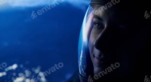 Preview: Close up view of woman in glassed space helmet against blue background