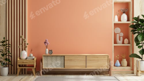 Preview: Modern interior of peach fuzz room with cabinet for tv on peach color paint wall