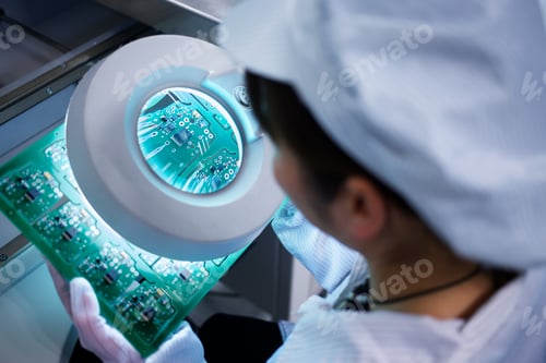 Preview: Worker at small parts manufacturing factory in China looking through magnifier at microchips