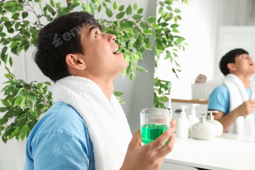 Preview: Man rinsing mouth with mouthwash in bathroom. Teeth care