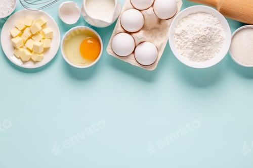 Preview: Baking or cooking background. Ingredients, kitchen items for baking.