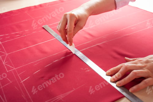 Preview: A beautiful seamstress woman in her own atelier makes a pattern