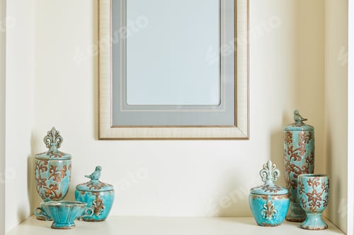 Preview: picture frame and turquoise set on shelf