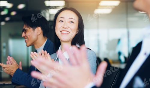 Preview: Japan, applause and business people in meeting, woman and achievement with success. Group, employee