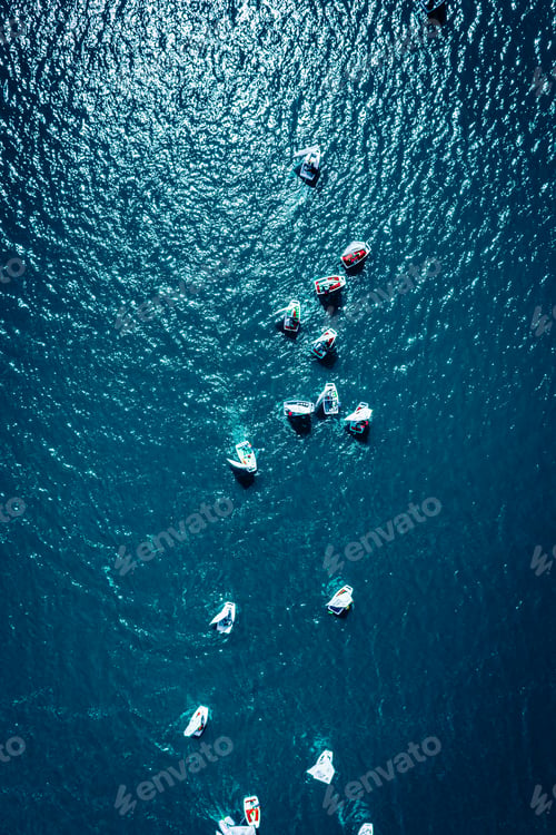 Preview: Small boats regatta on the lake in summer, aerial view