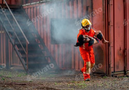 Preview: Firefighter help little girl out from room with fire and smoke and he bring child pass window