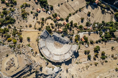 Preview: Drone photo of remains of Altinkaya Amphitheater. Roman theatre of Selge, Antalya, Turkey.