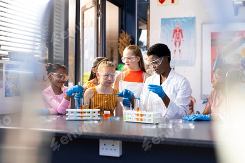 Preview: Diverse female teacher and schoolchildren doing an experiment in chemistry class