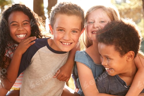 Preview: Portrait Of Children With Friends On Hiking Adventure In Woods