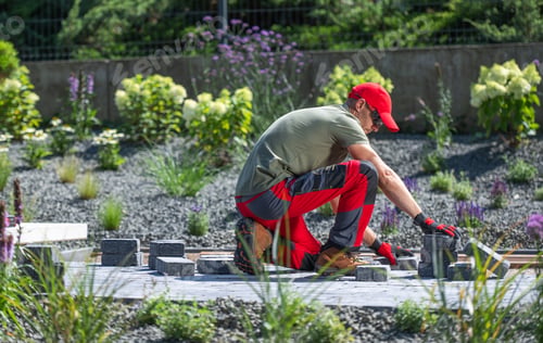 Preview: Gardener Laying Gray Paving Stones in a Landscaped Garden on a Sunny Day